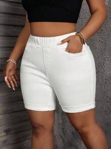 SHEIN SXY Plus Size Solid Color Denim Shorts, Fashionable For Summer - White - View 1