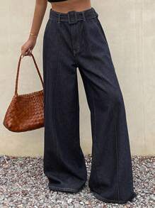 Livesso Women's Casual Loose Fit Slant Pocket Wide Leg Jeans - Dark Wash - View 1