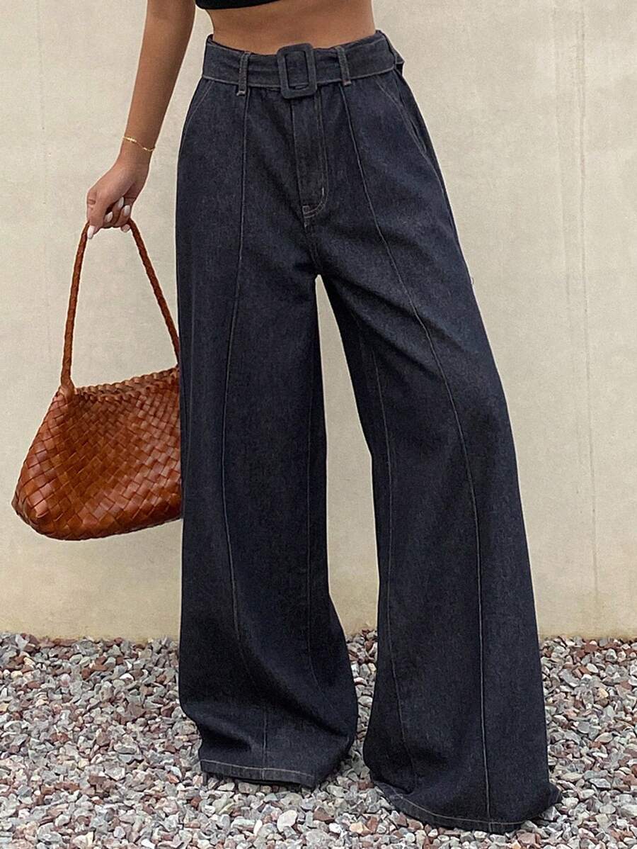 Livesso Women's Casual Loose Fit Slant Pocket Wide Leg Jeans - Dark Wash - View 1