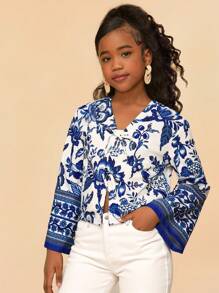 SHEIN Tween Girls' Floral Pattern Long Sleeve Casual Vacation Blouse - Blue and White - View 8