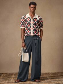 AKNOTIC 男士休闲宽松松紧腰阔腿裤纯色卡其色长裤适合夏季、度假、日常搭配、聚会、情侣、男士礼物、秋季 - 灰色 - 查看 2