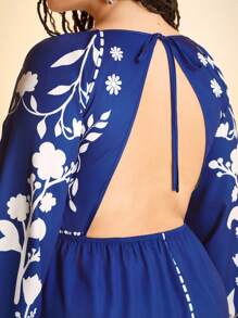 CAJUNI 大码女式波西米亚风复古度假印花镂空露背泡泡袖长裙