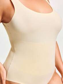 SHEIN 大码女式纯色圆领紧身衣 - 米色 - 查看 5