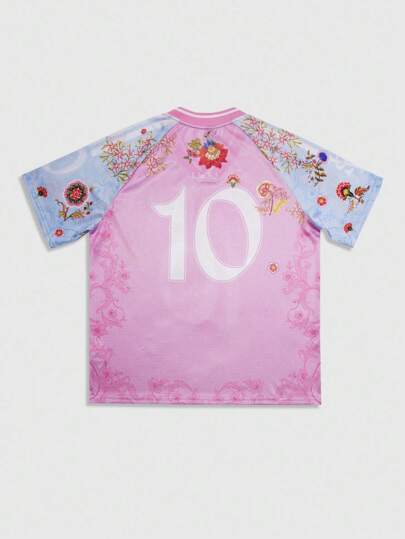 Prep Camiseta de manga raglán con estampado numérico y floral, estilo deportivo casual para hombre, verano