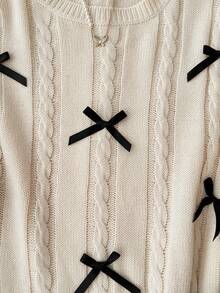 SHEIN 少女蝴蝶结复古可爱圆领套头毛衣，休闲甜美可爱秋冬时尚蝴蝶结毛衣套装 - 米色 - 查看 4