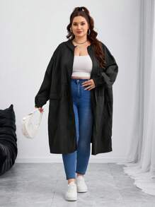 SHEIN CURVE+ Curves Plus Size/Chool Clothes/Back To School Clothes /Back To SchoolPlus Size Women Black Gathered Waist Long Trench Coat, Autumn/Winter Fall
