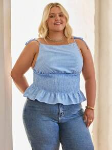 Aralina Top con hombros con lazo, cintura fruncida, estampado de cuadros de , para vacaciones de verano/otoño, tallas grandes - Azul y blanco - Ver 1