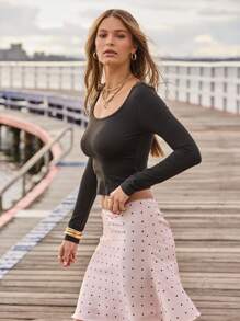 Aralina Women's Solid Color Round Neck Long Sleeve Cropped Slim Fit Casual T-Shirt