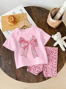 SHEIN 两件套可爱甜美粉色豹纹蝴蝶结印花芭蕾舞风格少女休闲简约短袖短裤套装，适合夏季、休闲夏日、度假风、返校季，2000年代风格，Y2K女孩蝴蝶结衬衫女孩豹纹印花服装套装女孩夏季套装少女服装夏季 - 彩色 - 查看 3