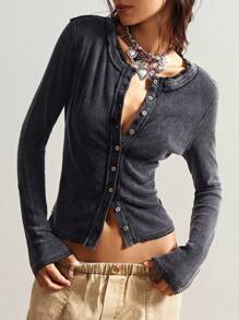 Bohemela Áo thun dệt kim dài tay cổ điển màu trơn đơn giản dành cho nữ, phong cách Boho, mùa thu/đông - màu đen - Xem 6