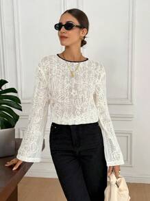 Serisse Blusa elegante de encaje con lazo en la espalda para uso diario, otoño para mujeres, aeropuerto para mujeres, blusas de trabajo para mujeres - Beis - Ver 6