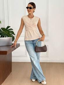 SHEIN Frenchy 女式前系带纯色圆领休闲衬衫