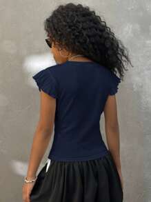 Coolane Tween Girls Four Seasons Streetwear Vacation Ruffle Trim Solid White Tee - Navy Blue - View 2