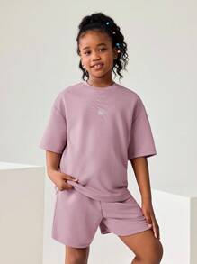 JNSQ Conjunto de ropa para niña de vuelta al colegio, conjunto informal de camiseta y pantalones cortos para exteriores, conjunto de camiseta holgada con estampado gráfico de letras divertidas de cuello redondo y capucha y pantalones cortos, otoño - Púrpura malva - Ver 1