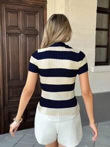 Pariaura Maglia a maniche corte stile francese da strada, a righe colorate, con colletto tipo polo - Blu reale - Visualizzare 2