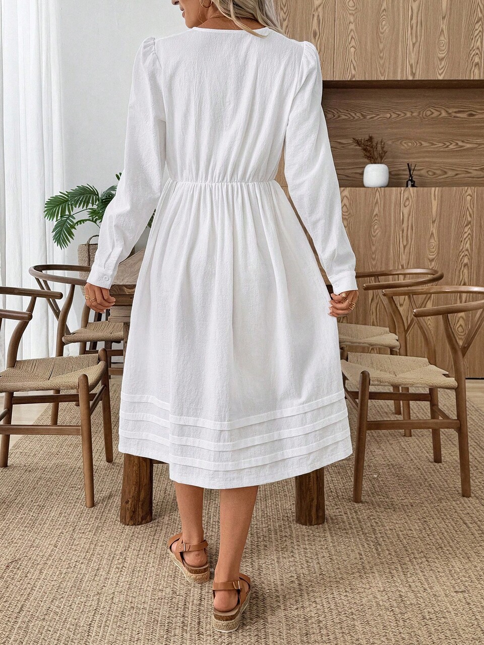 Women's Solid Color Round Neck Long Sleeve Single-Breasted Casual Dress,Plain White Autumn Vacation Outfits,Teacher Work Clothes,Ruffle Hem Summer