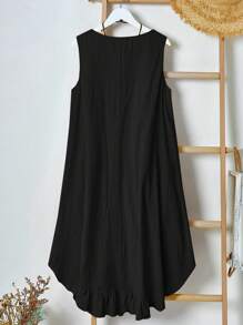 Rusticease Vestido midi de talla grande con cuello redondo, fruncido, bolsillo, sin mangas, dobladillo, estilo vintage, para vacaciones, primavera/verano