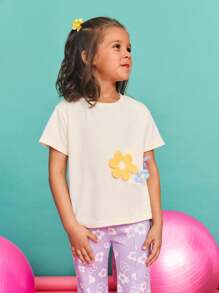 SHEIN 年轻女孩休闲简约舒适圆领套头短袖T恤 - 杏色 - 查看 4