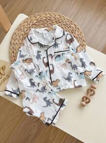 2 piezas/Set Pijama casual suelto de punto cómodo para bebé niño, con camisa de manga larga con bolsillo, cuello con solapa y pantalón recto con estampado de dinosaurio de dibujos animados