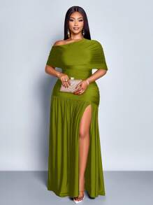 SOLERSUN Spring And Summer Plus Size Women's Sexy Party Casual Vacation Brown Shiny Fabric One Shoulder Gathered Off-Shoulder Collar Front Slit Ruffle Knitted Long Skirt - Green - View 1