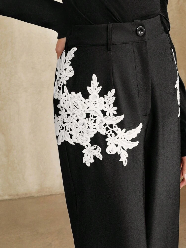 Black & White Contrast Elegant Office Commute Fashion Versatile Patchwork Lace High Waist Slimming Straight Leg Women Pants