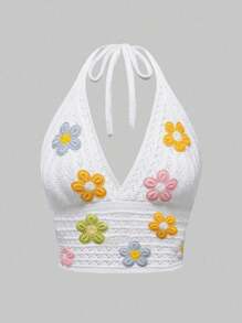 ROMWE Débardeur à bretelles fines avec décoration florale 3D pour femmes grande taille