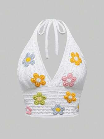 Débardeur à bretelles fines avec décoration florale 3D pour femmes grande taille