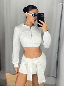 SHEIN ICON American Women Low Waist Knotted Cargo Mini Skirt, White - White - View 3