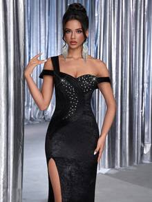 Glamrae Elegante Top de satén con bordado de lentejuelas negras Luxurious con diseño Asymde A metric metric, vestido de noche sexy con abertura en el bajo y abertura para mujer