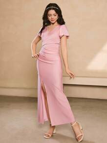 Elegant Flared Maxi Dress With Side Slit, Casual & Versatile, Suitable For Teenagers In Summer - Pink - View 7