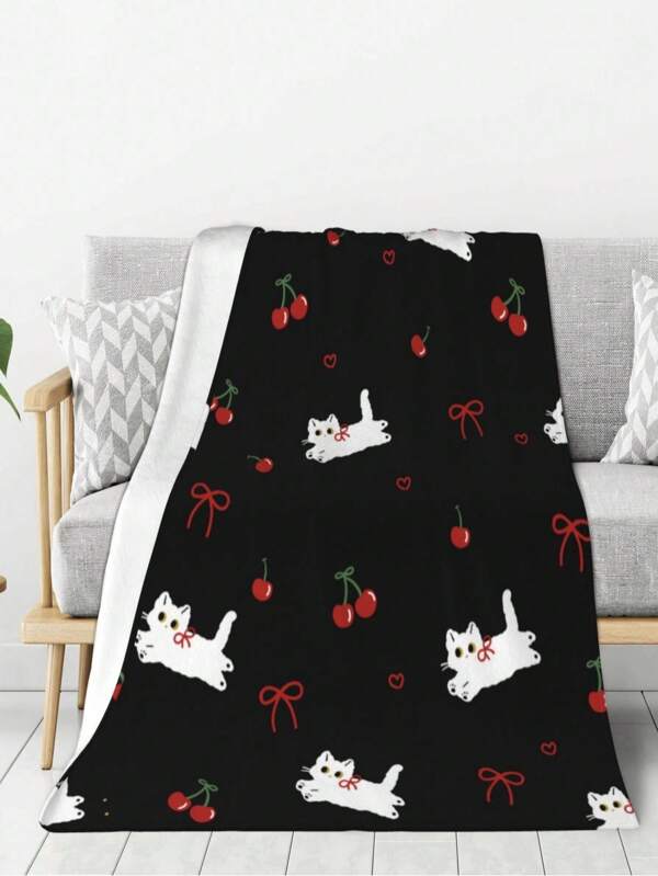ROMWE Kawaii 1件法兰绒印花盖毯。柔软精致，印有可爱的猫咪图案。可用作床罩、沙发盖、户外毯、卧室毯、办公室盖毯或学生毯。