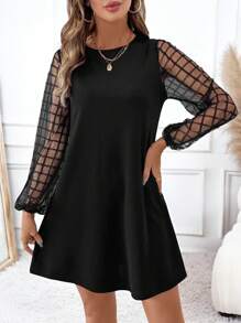 SHEIN Clasi 女士圆领网眼对比透视长袖迷你冬季秋季女士服装感恩节万圣节女士返校节工作服约会晚礼服 - 黑色 - 查看 4