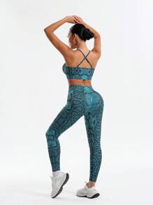 SHEIN Sports 2 件套无袖蛇皮印花修身运动服，高腰提拉健身女套装 - 藍色 - 查看 4