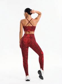 Gameset SHEIN Sport Set 2 buc. Ținută sport fără mâneci, cu imprimeu de piele de șarpe, model sport, talie înaltă, pentru ridicarea feselor