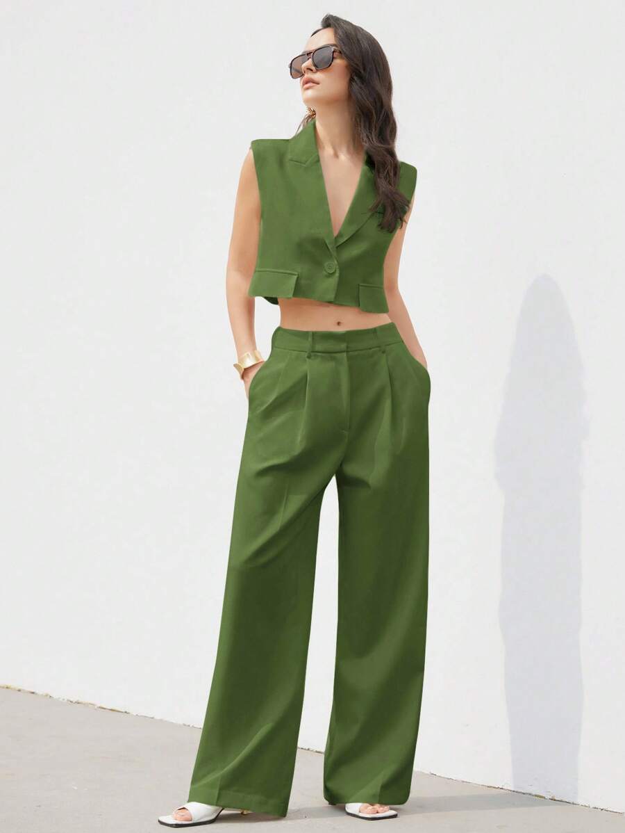 Aveloria Modichic Conjunto de traje de mujer con pantalón largo suelto y plisado, con bolsillo sin mangas y dobladillo asimétrico, elegante y versátil, diseño minimalista