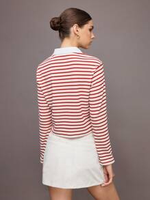 Activina 女式条纹长袖休闲运动 Polo 衫 - 紅白色 - 查看 2