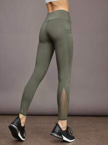 Activina 寬腰帶手機口袋嵌入網紗頂針運動打底褲 - 軍綠色 - 查看 2