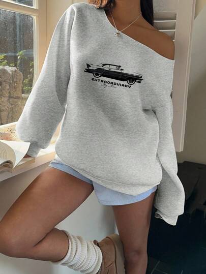 CovetEZ Light Gray Vintage Car Print Pattern Loose Fit Off Shoulder Long Sleeve Sweatshirt For Women, Spring/Autumn And Winter