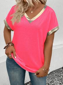EMERY ROSE Women's Casual V-Neck Short Sleeve Metallic Trim Plus Size T-Shirt - Coral Pink - View 6