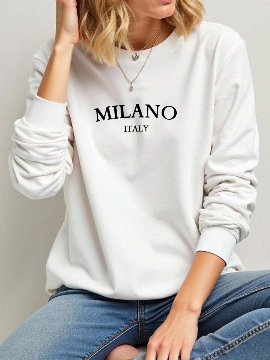SHEIN EZwear Casual Minimalist Milano Print Pattern White Round Neck Loose Fit Long Sleeve Hoodie Sweatshirt For Women, Suitable For Autumn/Winter - White - View 1