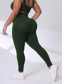 SHEIN Rhythm Era Quần thể thao tập yoga cạp cao màu trơn cỡ lớn cho nữ - Màu xanh lá cây đậm - Xem 6
