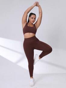 SHEIN Rhythm Era 女士加厚纯色宽腰运动紧身裤瑜伽裤 - 棕色 - 查看 5