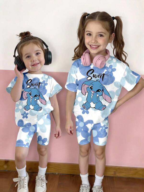 2pcs Toddler Girls Casual Creative Cute Cartoon Blue Floral Bunny Print T-Shirt & Bike Shorts Set