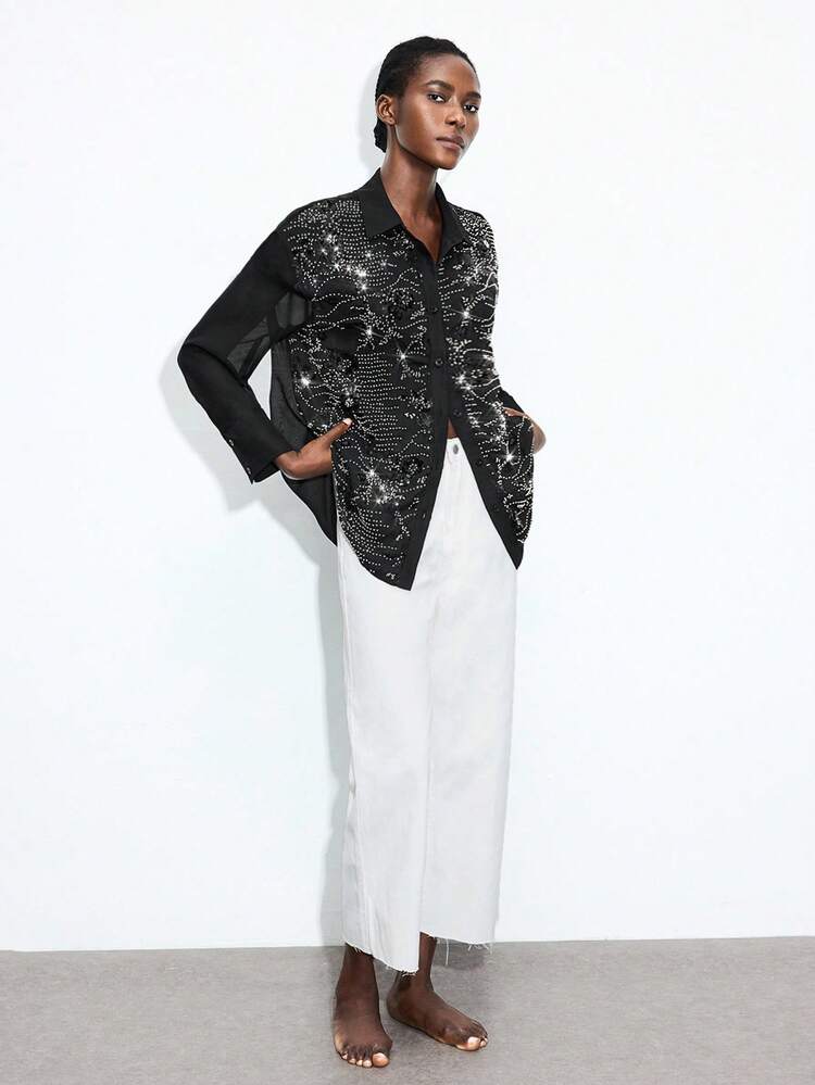 SHEIN Maija Camicia di moda a maniche lunghe con spalle scoperte, decorata con paillettes, camicia con paillettes, camicia con strass, camicia con cristalli, camicia decorata, camicia scintillante, top da uscire, autunno donna, concerto donna, appuntamento donna, aeroporto donna, Fairycore club donna, sexy autunno donna, autunno donna, compleanno donna, camicia con bottoni donna, Ognissanti donna, Ognissanti, autunno donna, Ognissanti donna