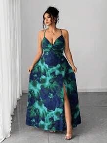 Elenzga Váy xòe họa tiết hoa mới, buộc xoắn phía trước, thiết kế xẻ tà dành cho nữ cỡ lớn, thích hợp cho kỳ nghỉ và hẹn hò - Nhiều màu - Xem 7