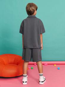 SHEIN Tween Boy Dark Grey Minimalist Contrast Trim Short Sleeve Polo Shirt And Shorts Set,Summer Casual School Back-To-School Clothes Christmas Gift Set - Dark Grey - View 3