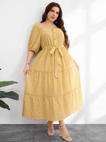 Modelyn Plus Size Women's Belted Square Neck Cake Skirt - Yellow - View 4