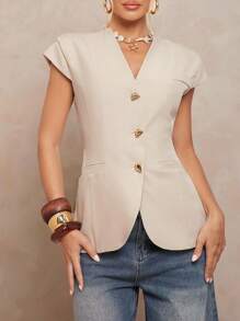 Lumalex 秋季节日派对老钱狂欢节郊游游泳度假优雅复活节波西米亚风海滩热门户外丰富层次婚礼季节宴会成人礼海滩海滨无袖合身金属装饰西装外套 - 卡其色 - 查看 8