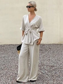 Livesso Ensemble 2 pièces en lin décontracté pour femmes, nouvelle collection automne