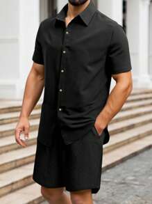 OTTIMOZO Men Simple Casual Holiday Black Short Sleeve Shirt And Pocket Shorts Set - Black - View 3